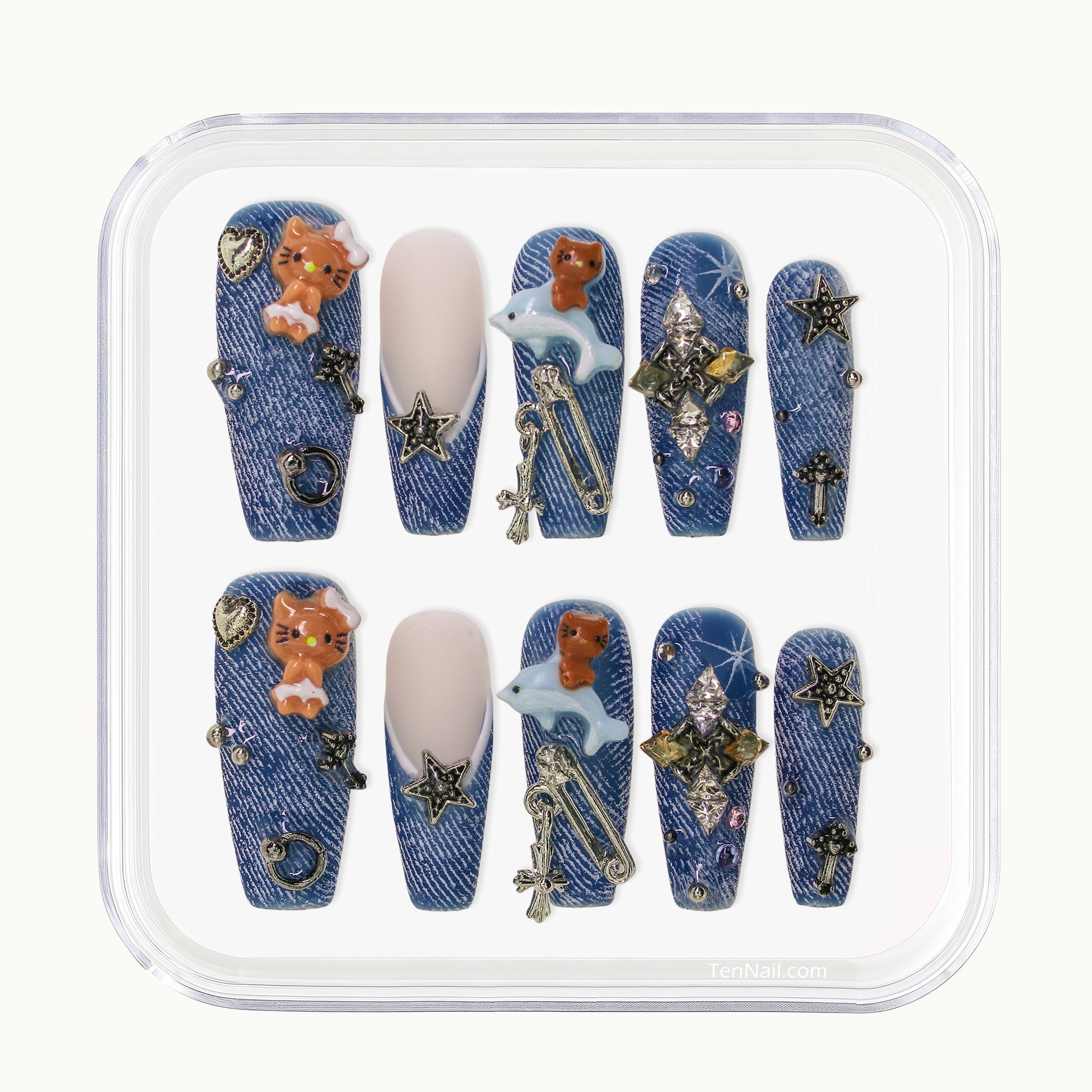 Long Coffin Tennail press-ons with denim texture, 3D kitten charms, metallic studs, and rhinestones.