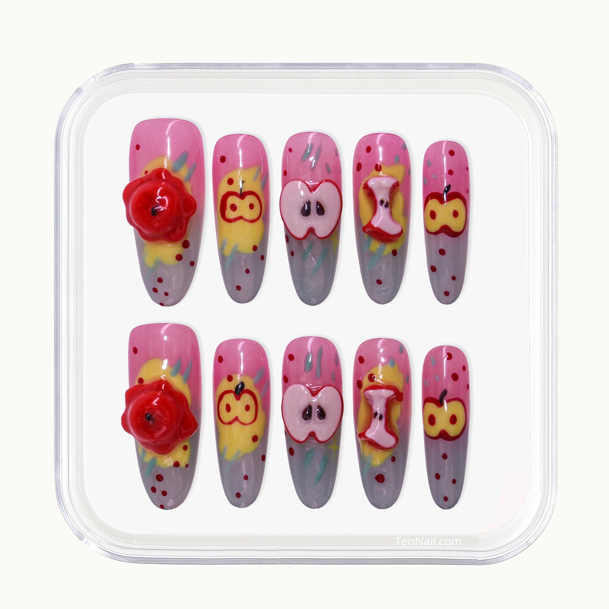 Long Oval Tennail press-ons with colorful Hand Painted cartoon splatters and 3D apple charms.