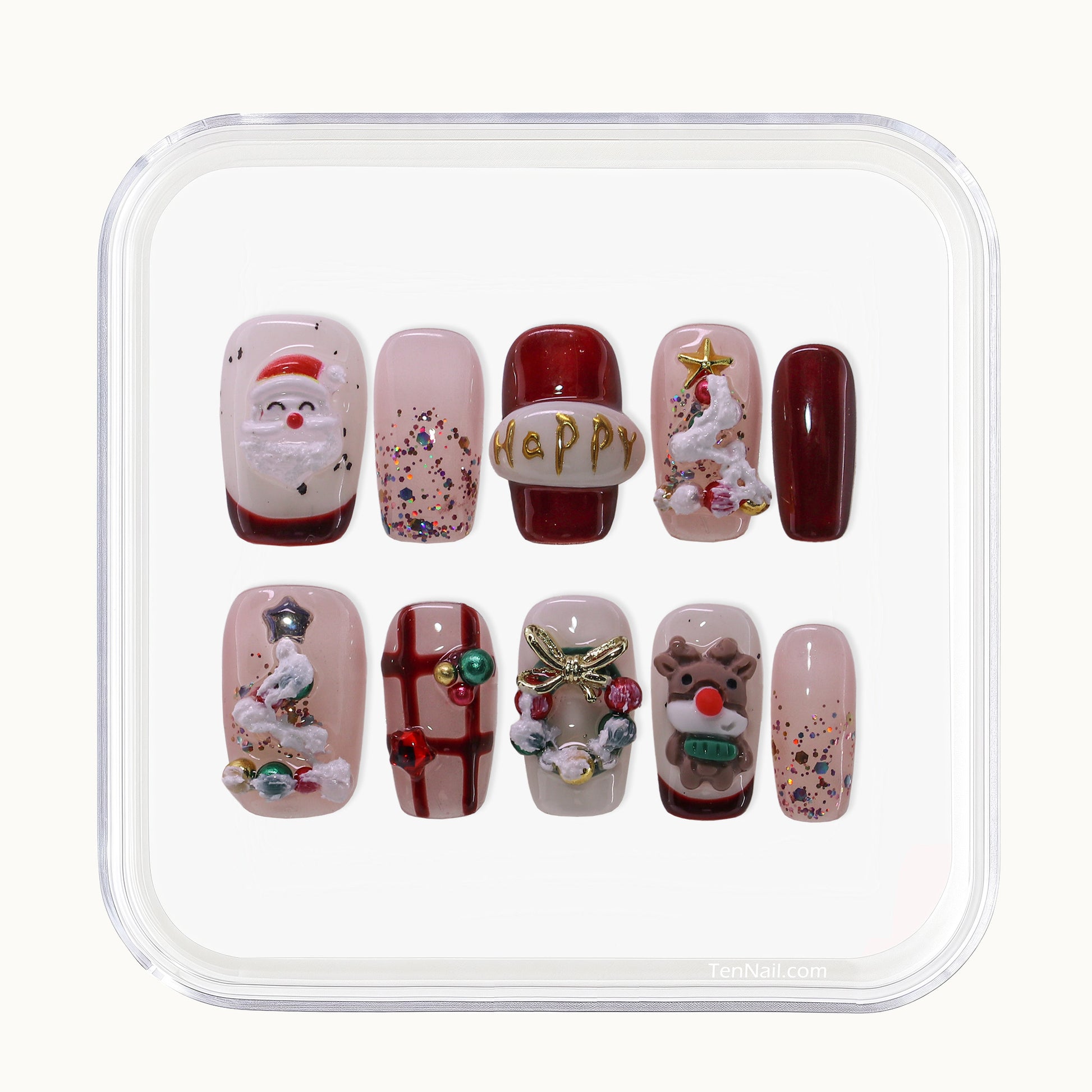 Medium Square Tennail press-ons with 3D Santa, reindeer, candy canes, and Christmas tree charms.