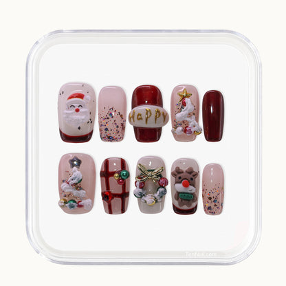Medium Square Tennail press-ons with 3D Santa, reindeer, candy canes, and Christmas tree charms.