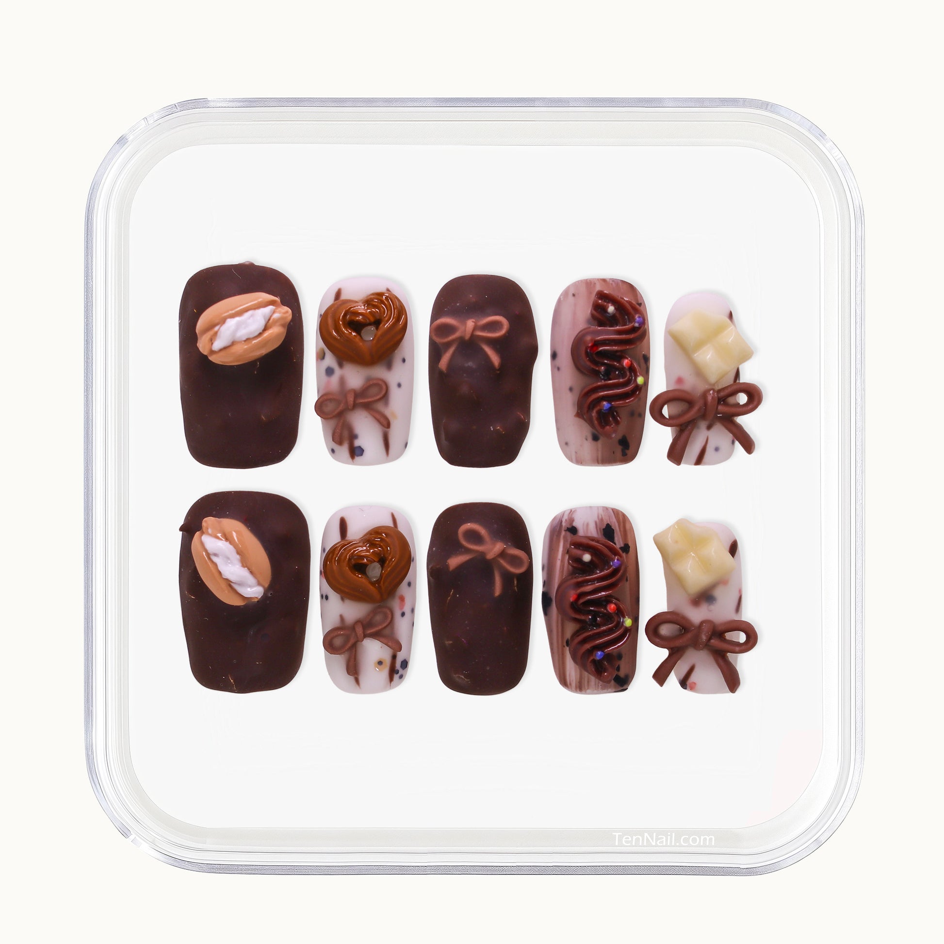 Medium Square Tennail press-ons in chocolate colors with 3D dessert charms and matte texture.