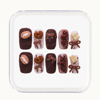 Medium Square Tennail press-ons in chocolate colors with 3D dessert charms and matte texture.
