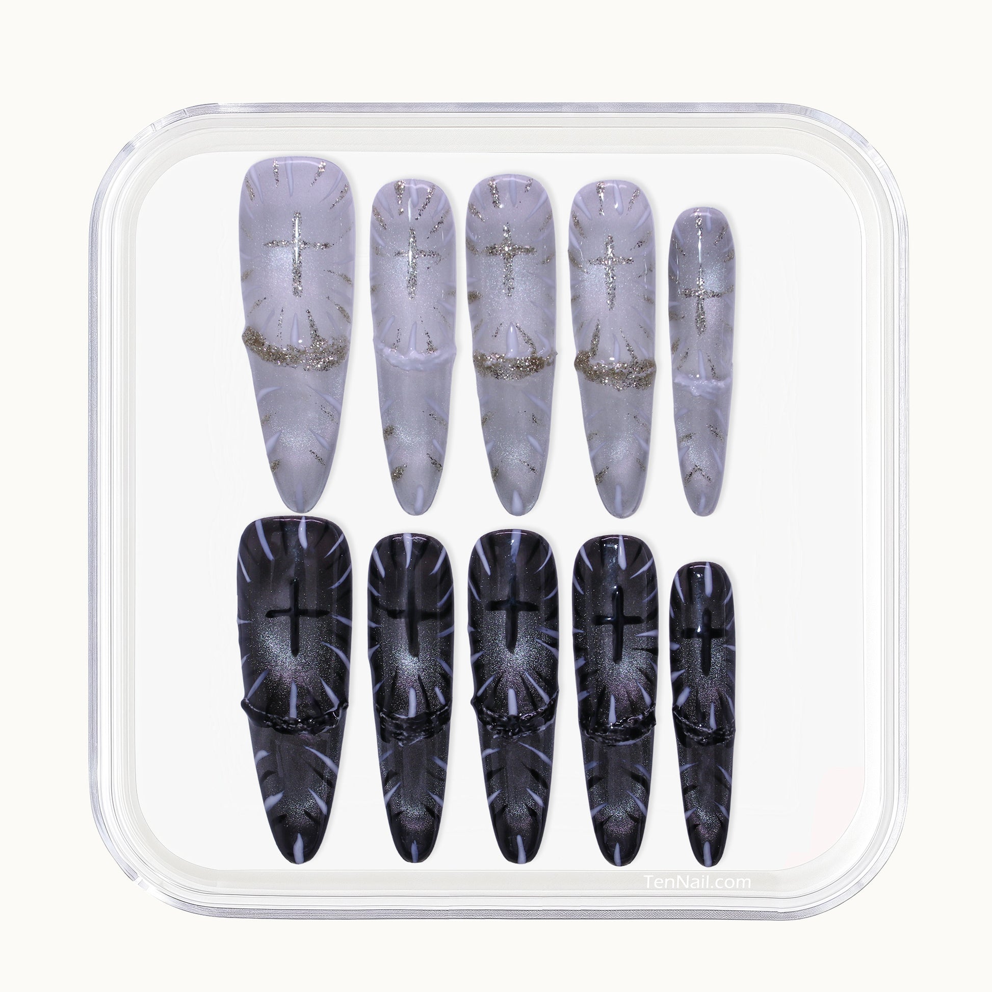 Long Stiletto Tennail press-ons in black and white Cat Eye with Gothic cross religious symbols.