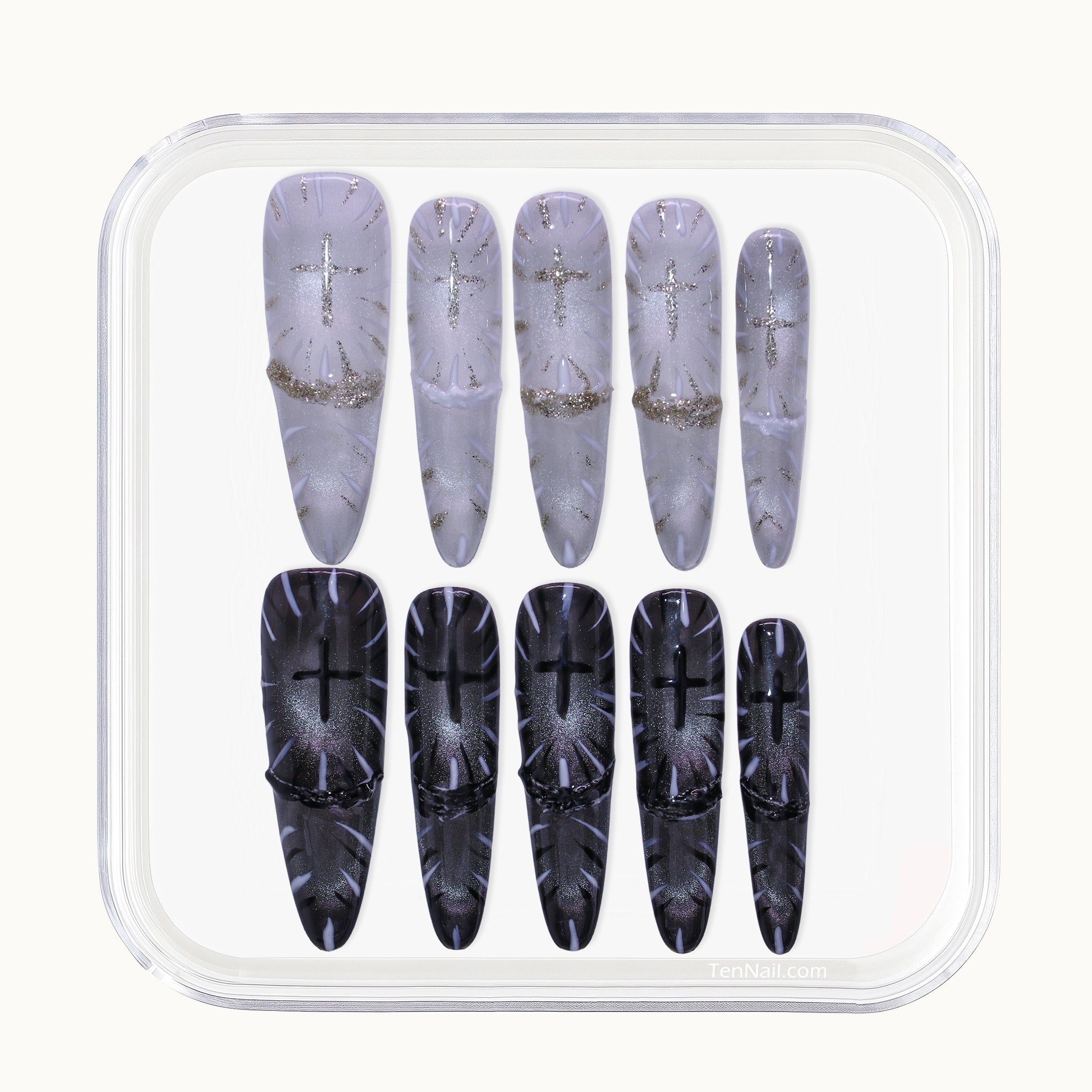 Long Stiletto Tennail press-ons in black and white Cat Eye with Gothic cross religious symbols.