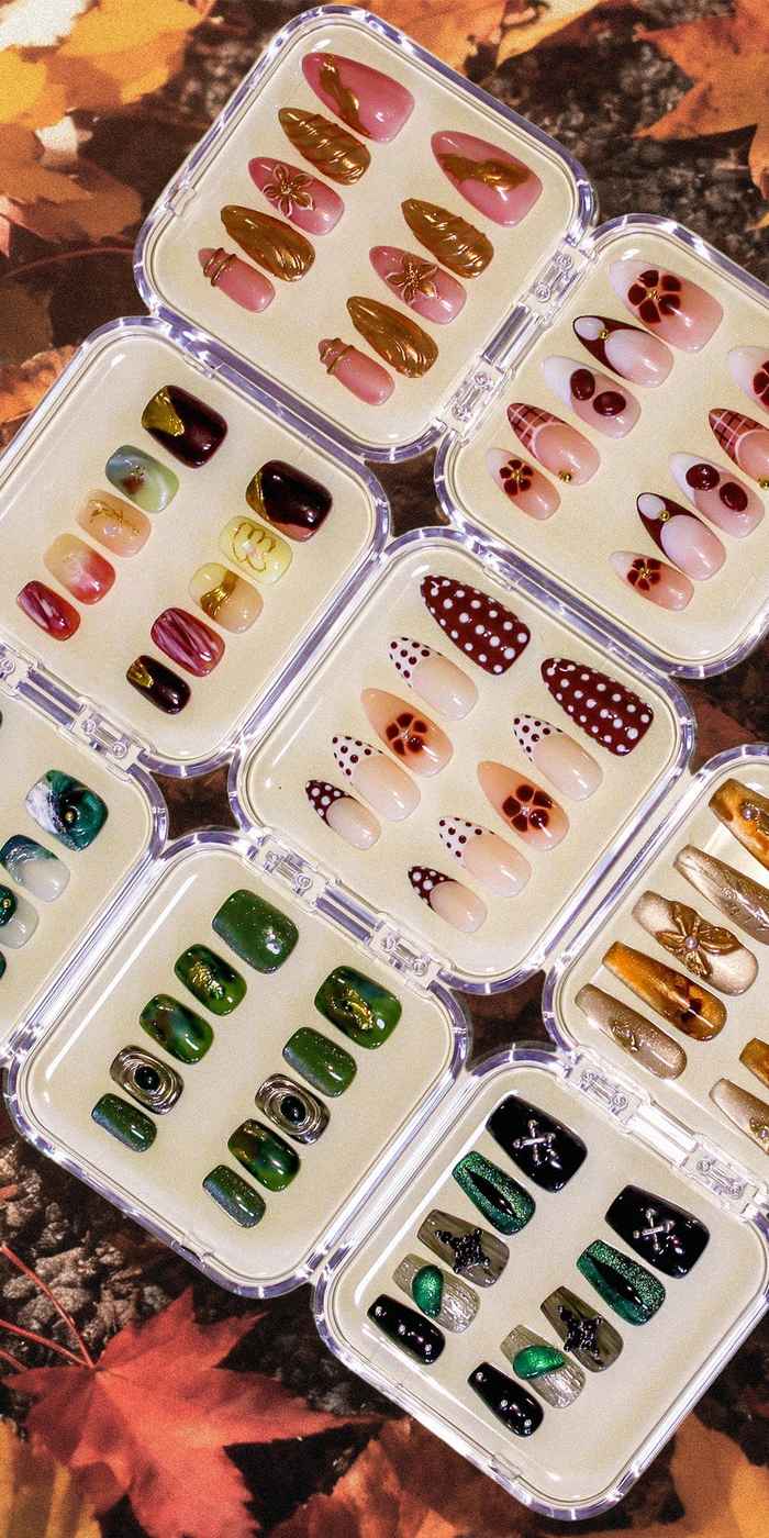 Set of nail art designs in a clear plastic case on a leafy background